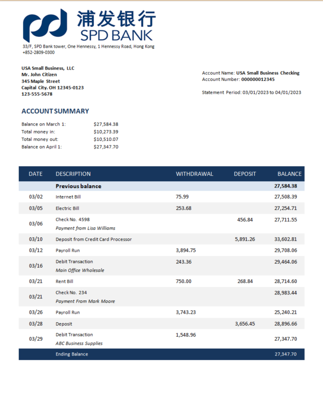 Modèle Word et PDF de relevé bancaire commercial de Shanghai Pudong Development
